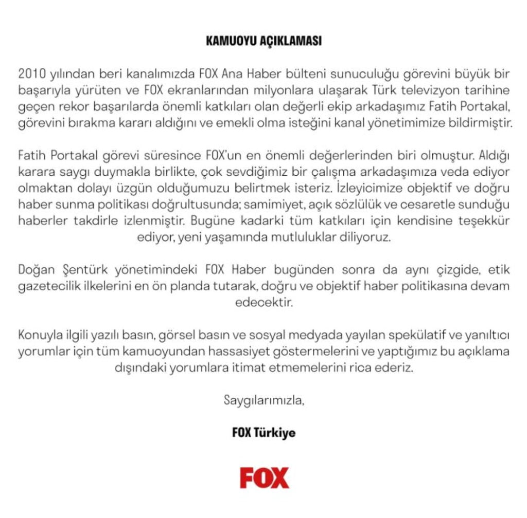 FOX TV'den son dakika açıklaması ve Fatih Portakal istifa etti!
