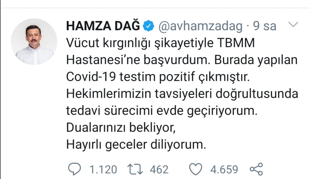 İzmir Milletvekili Hamza Dağ, Koronavirüs'e yakalandı. 