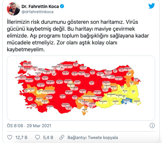 sağlık bakanı Sağlık Bakanı Fahrettin Koca illerin risk değerlendirme kriterlerine göre ayrılmış haritasını paylaştı. Paylaşılan haritada 4 kategoriye ayrılan bölgelerin koronavirüs salgınına yönelik olarak risk durumları yer aldı. Haritada Şırnak ise tek mavi il olarak dikkat çekti.