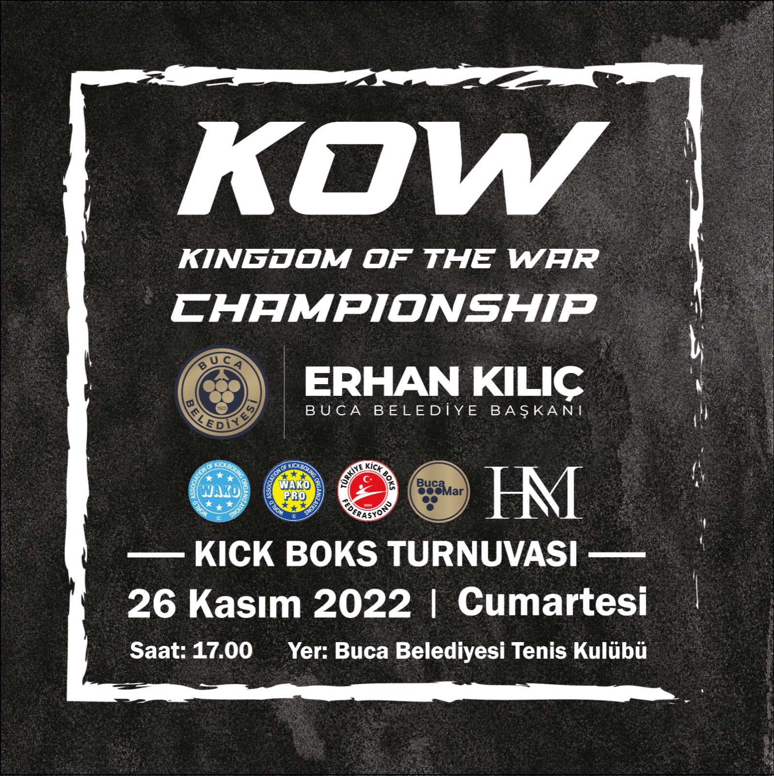 şampiyon Buca Belediyesi önderliğinde gerçekleştirilecek olan uluslararası dövüş arenası KOW KINGDOM OF THE WAR CHAMPİONSHİP kick boks turnuvası 26 Kasım Cumartesi günü İzmirlilerle buluşacak.