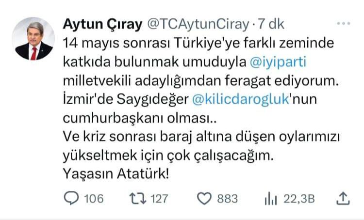 Aytun Çıray Geçtiğimiz dönem CHP'den İYİ Partiye geçen İzmir milletvekili Aytun Çıray 28. Dönem milletvekili listelerinin belirlenmesine saatler kala adaylıktan istifa etti.