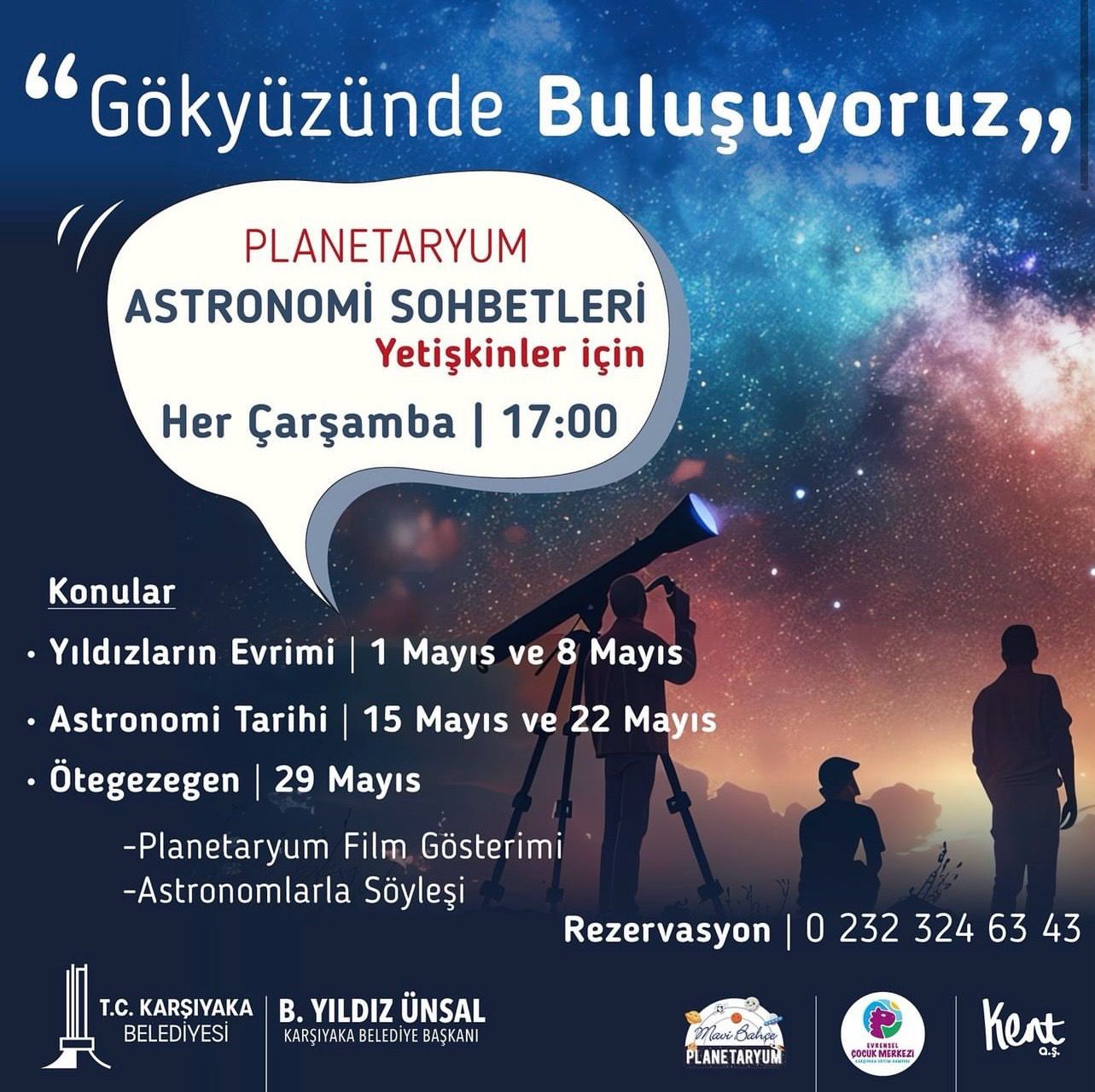 Karşıyaka Belediyesi Karşıyaka Belediyesi tarafından kente kazandırılan planetaryumda astronomi sohbetleri gerçekleştirilecek. Yetişkinlere özel olarak düzenlenen sohbetler, her çarşamba saat 17.00’de başlayacak.