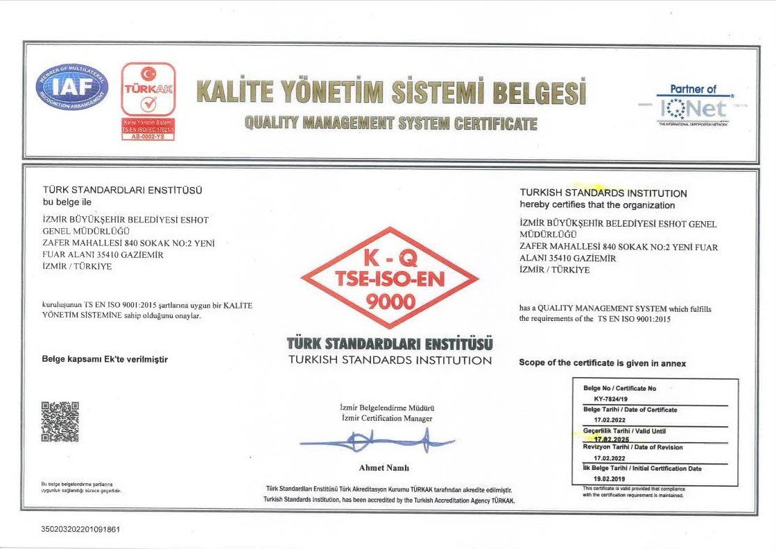 ESHOT İzmir Büyükşehir Belediyesi ESHOT Genel Müdürlüğü’nün sahip olduğu kalite belgeleri, Türk Standartları Enstitüsü denetçileri tarafından bir kez daha tescillendi. Kurum, enerji verimliliği çalışmaları nedeniyle TS EN ISO 50001:2018 Enerji Yönetim Sistemi Belgesi almaya da hak kazandı.